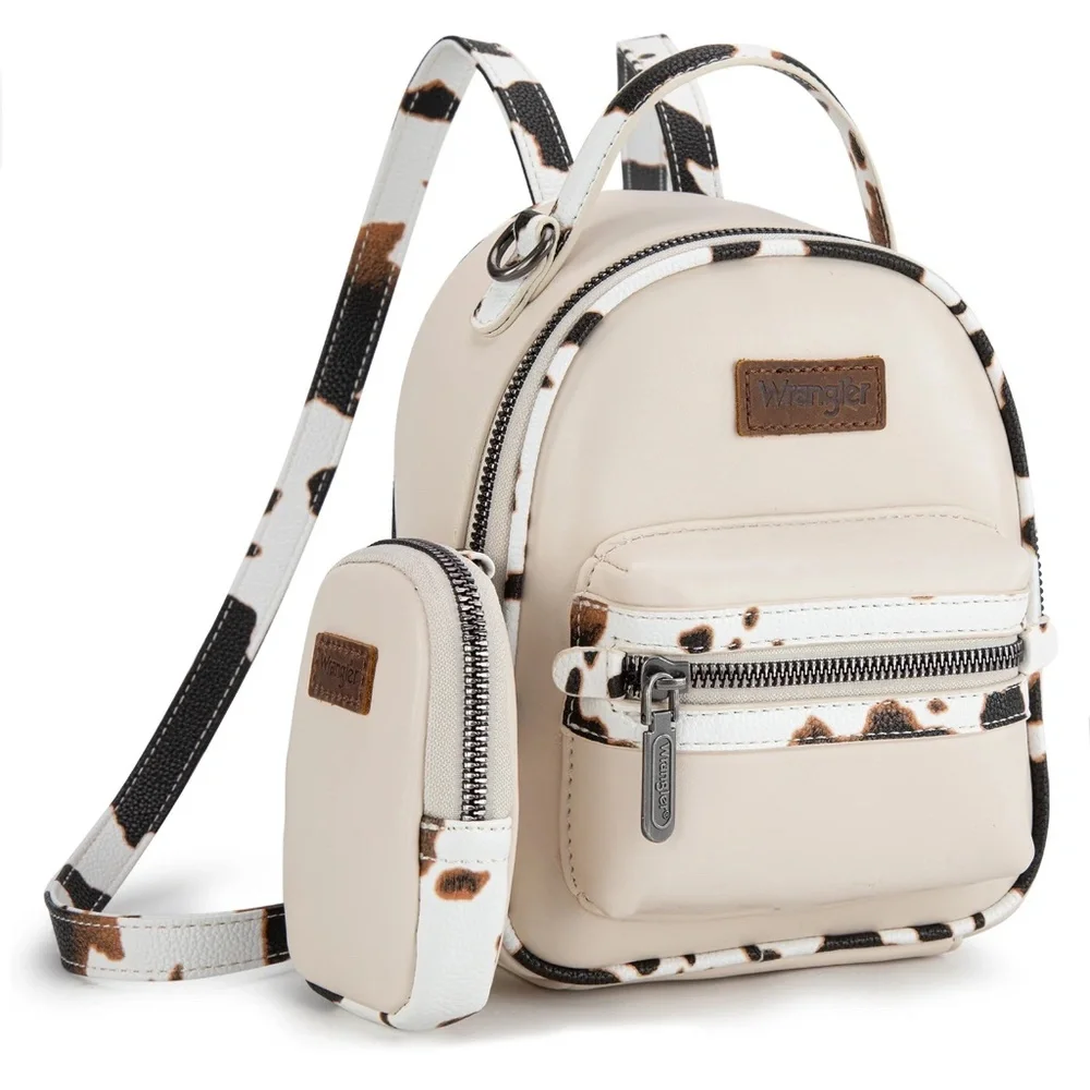 Wrangler Cow Print Trimmed Mini Backpack With Coin Pouch - Tan